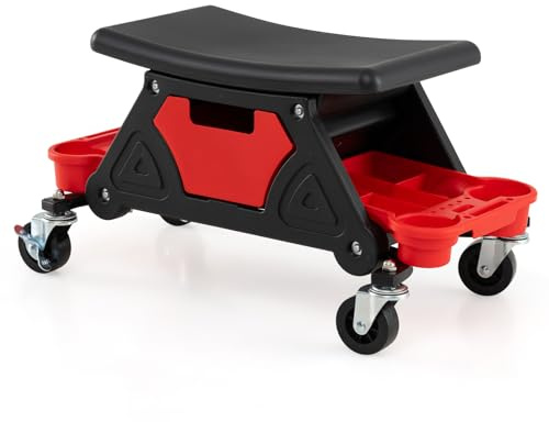GYMAX Tabouret d'Atelier Mécanicien, Mobile avec roulettes Universelles et Verrouillables, Plateau à Outils Amoovible, Capacité Jusqu'à 135 kg, pour Garage Automobile, 65 x 33 x 33 cm