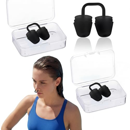 Shappy 2 Set Swimming Nose Plugs for Adults Soft Silicone Swim Nose Clip 3-Layer Water Block Comfort Fit Swim Noses Plugs with Transparent Storage Cases for Women Men(Black)