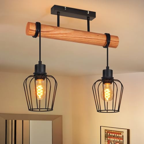 ZMH Holz Deckenleuchte Vintage Deckenlampe Flur Schwarz E14 Küchenlampe | Flurlampe Decke im Industrial Design Retro aus Metall Deckenbeleuchtung für Küche Wohnzimmer Esszimmer - Ohne Leuchtmittel