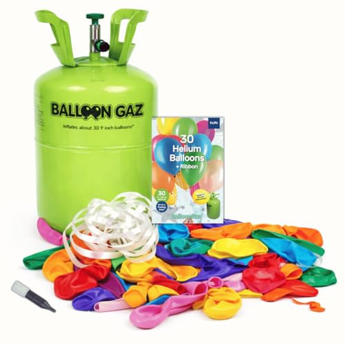 Helium Ballongas für bis zu 30 Luftballons – Heliumflasche Einweg + 30 Luftballons – Balloon Gas für Geburtstag, Hochzeit & Party Deko