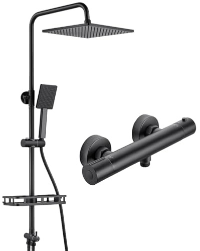 Auralum Black Thermostatic Shower Mixer Set, 10 Square Rain Shower Head and Single Function Shower Head, 65-110cm Adjustable Rail & No-Drill Shelf, Anti-Scald Anti-Corrosion, Easy Fit Old Holes