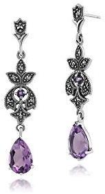 Gemondo Marcasite Earrings, Sterling Silver 2.25ct Amethyst & Marcasite Art Nouveau Drop Earrings