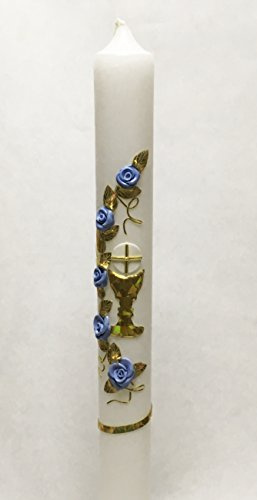 Taufkerze Kommunionkerze K-7 Gold/Blau inkl. Tropfschutz und Beschriftung KW-JO-K07