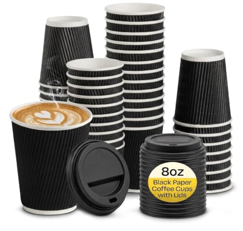 We Can Source It Ltd – 50 Sets of 8oz Insulated Black Paper Coffee Cups with Lids, Disposable Hot Beverage Cup for Coffee, Tea - Leak-Proof Disposable Coffee Cups for Home, Office and Cafes