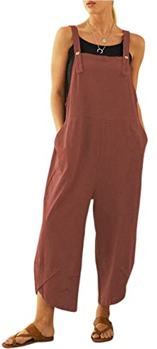 UANEO Womens Cotton Adjustable Casual Summer Bib Overalls Jumpsuits with Pockets (Red, Medium)