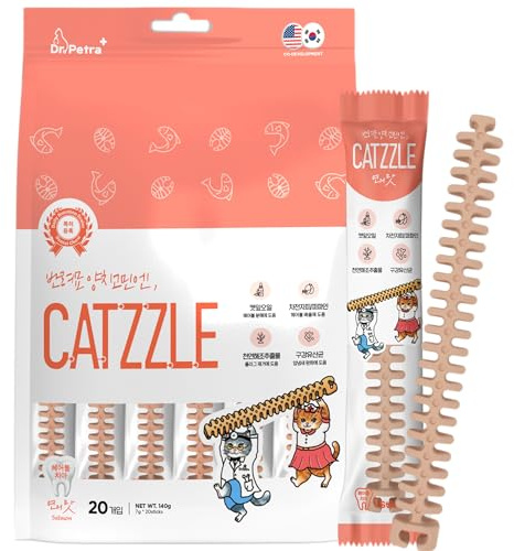 DR.PETRA CATZZLE Cat Treats, Dental Chews for Indoor Cats, Cat Teeth Cleaning, Dental Care Snacks - Hairball Control (Salmon Flavor), 20 Sticks (5 oz.)