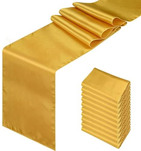 10 Pack Gold Satin Table Runners 12 x 108 inches Long Premium Satin Table Runner fit Rectange and Round Table for Birthday Parties, Banquets, Engagements Decoration, Wedding Party, Graduations