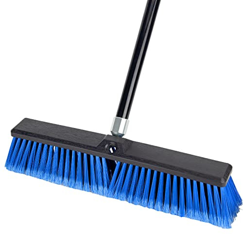 18 Inches Outdoor Push Broom Heavy Duty Shop Broom with 63 Long Handle for Deck Driveway Garage Yard Patio Concrete Floor Cleaning(Blue)