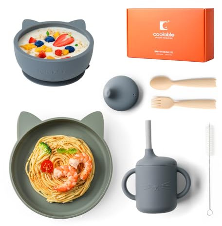 COOLABLE Baby Geschirrset Silikon Kindergeschirr Set mit Saugnapf, BPA Frei 7 Stück Enthält Teller, Schüssel, Trinklerntasse, Ausgießer, Gabel, Löffel und Strohhalmbürste-Schieferblau