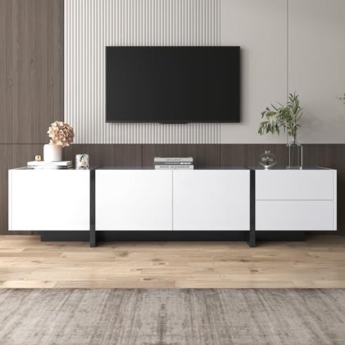 ModernLuxe TV Stand Cabinet,Low Panel Tv Table,Low Sideboard,Storage Cabinet with Colorblock, Doors, Drawers, and Shelves High-Gloss White 190 L x 35 D x 45H(cm)