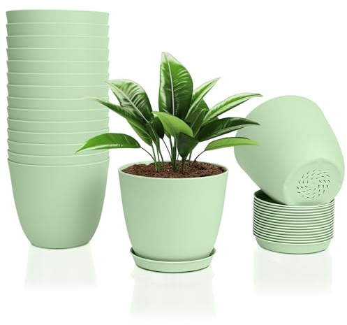 FORAGIFT 16 Stück 15 cm Kunststoff-Pflanztöpfe für Indoor-Blumentöpfe, robuste und stilvolle Blumentöpfe für Zimmerpflanzen mit Drainagelöchern und Tablett für Pflanzen, Blumen, Grün