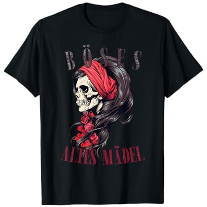 Böses Altes Mädel Bikerin Schädel Rosen Totenkopf Bandana T-Shirt