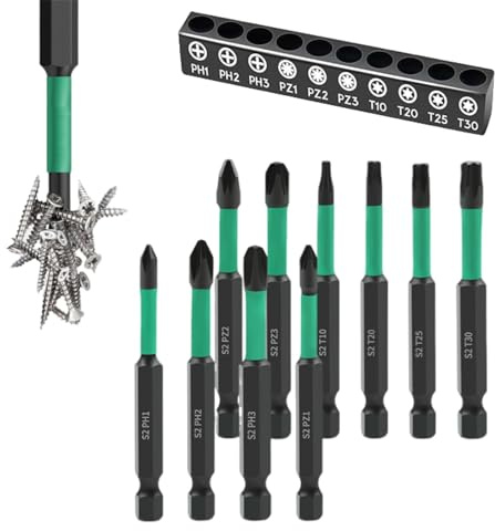 Hpamba 10 piezas Broca de llave de impacto de acero S2 juego de puntas de destornillador de cabeza hexagonal Screwdriver Bit Set para taladro de impacto PH1 PH2 PH3 PZ1 PZ2 PZ3 T10 T20 T25 T30