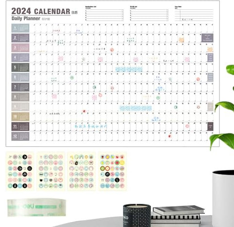 Smileshiney Wandkalender-Poster 2024, jährliches Wandkalender-Poster 2024,Ganzjahreskalender 2024 Eine Seite | Jahresplaner 2024, Posterkalender für Zuhause, Büro und Schule, Wandkalender, Januar 2024