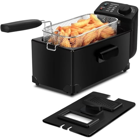 Aigostar Freidora de 3 litros, 2200 watios de potencia y tapa con ventana de visualización, Acero inoxidable de tipo 304 y recipiente totalmente extraíble para vaciado de aceite