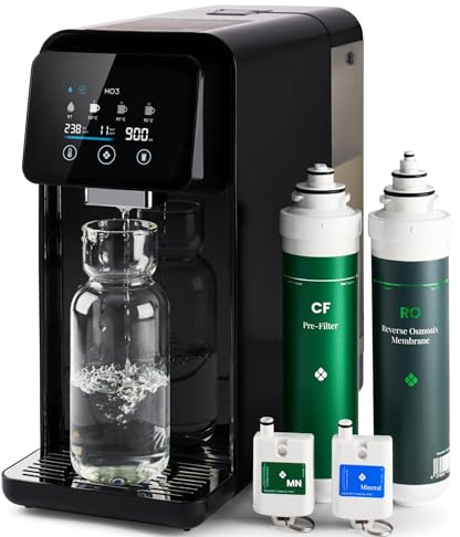 HO3 Home One Auftisch Osmoseanlage für Trinkwasser mit 4 Temperaturstufen (RT, 50, 85, 95°C), 10 Stufen Wasserausgabe, mit Echtzeit TDS, 8 Stufen Filtration und Doppel-Luma-UV, Wasserfilter (Schwarz)