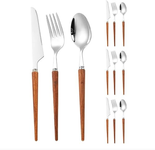 Royal Shang Youpin Mango De Madera Cocina Acero Inoxidable Cubiertos Vajilla Cubiertos Cubiertos Cuchillos Tenedores Cucharas Set (madera de rosa,12 piezas)