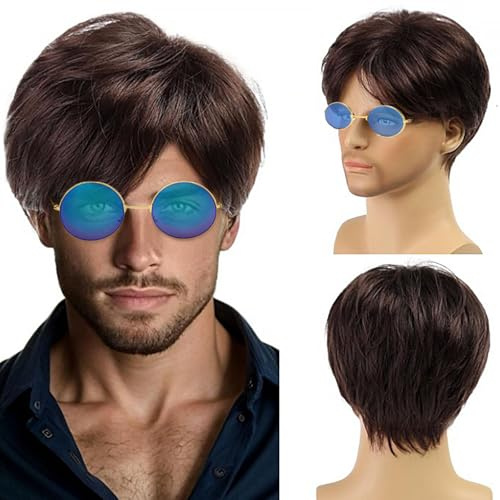 TSHAOUN Kurze Herrenperücke, braun, geschichtet, natürliches Kunsthaar, Cosplay-Perücke, 70er-, 80er-Jahre, Disco, kurz, lockig, flauschig, Kostüm-Perücke, schönes Herren-Kostüm, Rocking, Dude, Punk