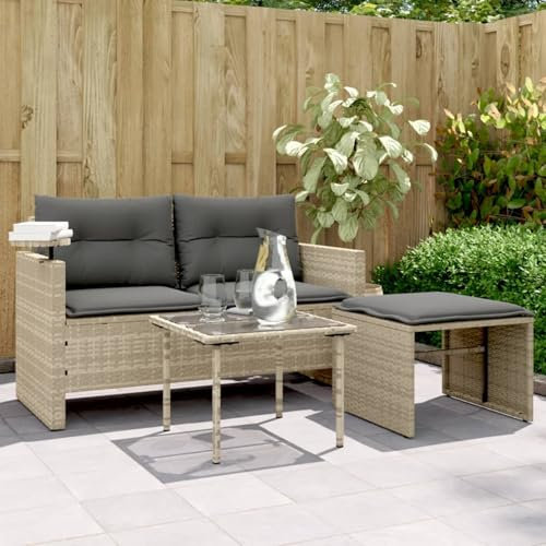Keyroto Gartensofa mit Hocker und Beistelltisch Rattan Sofa 2 Sitzer Lounge Sofa Outdoor Kleines Balkon Sofa Balkonmöbel Rattansofa Gartenlounge Polyrattan Gartenmöbel Set Balkon Lounge Hellgrau