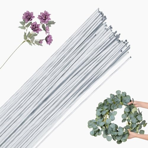 POPOYU 100 Stück Floristendraht 40 cm,0.5mm Blumendraht Weiß,Blumendraht zum Basteln,Blumen Draht,DünnesBlumendraht Floristikdraht Papierummantelt für Künstliche Blumen Hochzeit Bouquet Dekor