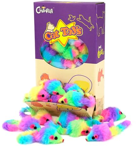 Chiwava Lot de 36 Souris Jouets pour Chat 4,5 cm Couleurs Arc-en-Ciel avec Hochet, Souris en Peluche Interactives pour Chaton et Chat