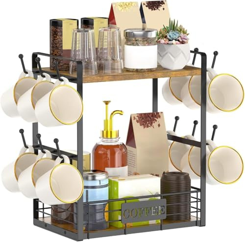 MEETOZ 2 Tier Coffee Bar Organizer Countertop Station Rack for Kitchen, Multi-Functional Coffee Mug Holder Display Stand with 12 Hooks, Accessory Storage Shelf, Space-Saving Coffee Nook Enhancer