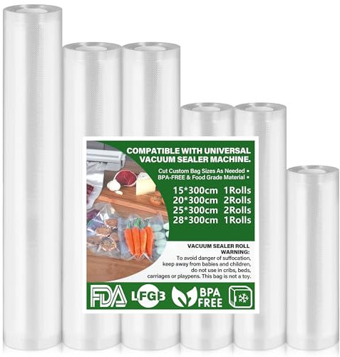 Vakuumierbeutel 6 Rollen Vakuumbeutel Lebensmittel 15|20|25|28x300cm, Vakuumierfolie für alle Vakuumiergerät, BPA-frei, reißfest, 190µm, Sous Vide Gefrierbeutel für alle Mikrowelle