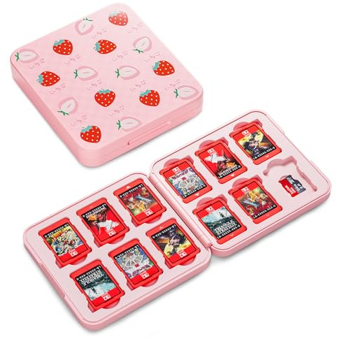 RHOTALL Custodia per carte da gioco rosa fragola per Nintendo Switch/OLED/lite/Switch 2, graziosa scatola per 12 giochi e schede SD, custodia portatile con chiusura magnetica per ragazze