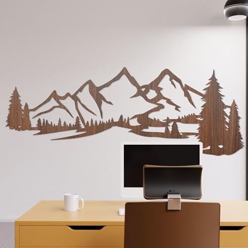 SENTOP HDF0414 Wanddekoration aus Holz – Wandbild Berge & Wald – Natur Holzdeko für Wohnzimmer, Schlafzimmer & Büro – Handgemachte Wandkunst aus Eiche (Walnuss, 70 x 26 cm)