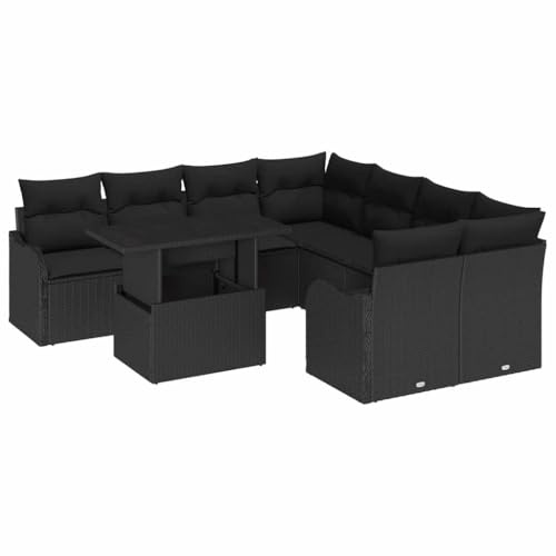 vidaXL Trädgårdsoffset med kudde 9 pcs Svart Poly rattan, Trädgård och terrass, modern rattan-soffa, vädertålig sittgrupp, modulär utomhuslounge, rektangulärt matbord