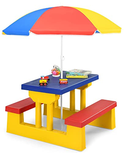 COSTWAY Kindersitzgruppe Outdoor mit Sonnenschirm, Kinder Picknicktisch mit Tisch & 2 Sitzbänke, Kinder Sitzgarnitur Garten, Kindertisch Gartenmöbel für Hinterhof, Terrasse (Gelb)