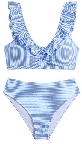2025 Badeanzug Mädchen Kinder Badebekleidung Bikini Kinderbademode Zweiteiliger gestreifter Badeanzug für Mädchen und Jungen 10 9 (Light Blue 15years)