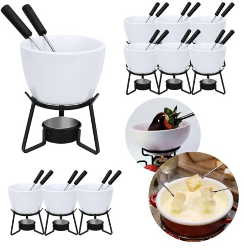 Nomart Lote 10 Fondues Individuales Cerámica y Metal – para Queso, Chocolate o Salsas Calientes – Hostelería, Restaurantes, Catering, Hoteles – con Tenedores