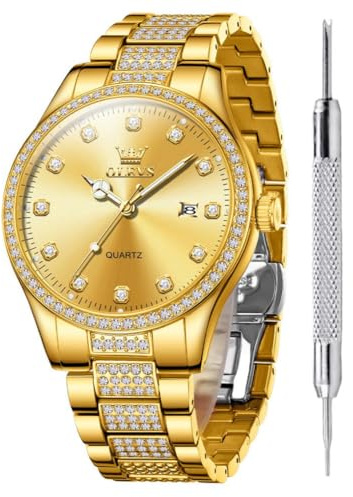 OLEVS Luxury Gold Plated Men's Crystal Watch with CZ Stainless Steel Analog Quartz Dress Gold Plated Crystal Watch for Men Waterproof Date Casual Business Casual Last Minute Christmas Gift for Him​
