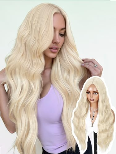 WIGNEE Blonde Langwellenperücke Platinblond Mittelscheitel | Blonde Wellenperücke, Body Wave, Synthetik, Hitzebeständig, Ohne Kleber, Für Damen, Ideal Für Alltag Und Partys, 66Cm(26Zoll)