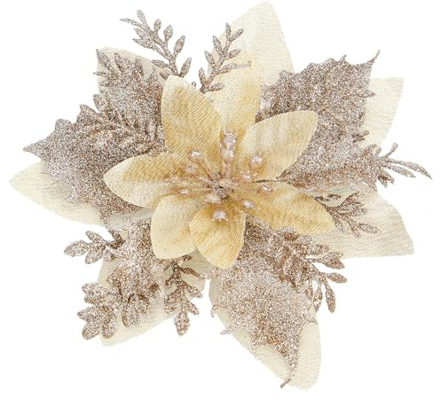 Xmastell 15 Stück Poinsettia Künstliche Blumen Dekorationen, Glitter Weihnachtsblumen Ornamente, Weihnachtsbaum Dekorationen Blumen, mit Clips für Weihnachten/Kranz/Girande Dekor, 14cm Champag
