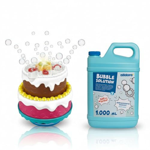 alldoro 2-in-1 Seifenblasen-Set, Bubble-Spielzeug, Pusteblasen-Spielzeug | Seifenblasenmaschine Torte mit Licht & Sound & Seifenblasen-Flüssigkeit Nachfüllflasche 1,2 L, Für Kinder ab 3 Jahren