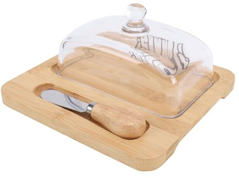 Jectse Mantequera de Madera con Cuchillo y Cubierta de Vidrio, Bandeja de Mantequilla con Tapa para Queso, Pastel, Bandeja para Servir Postres, Utensilios de Cocina Elegantes (Wood Color)