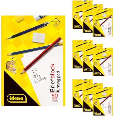 Idena 90438 - Block blanko A5, 10 Stück, Notizblock mit 50 Blatt und ohne Rand, 70g/m² Papier ungelocht und kopfgeleimt