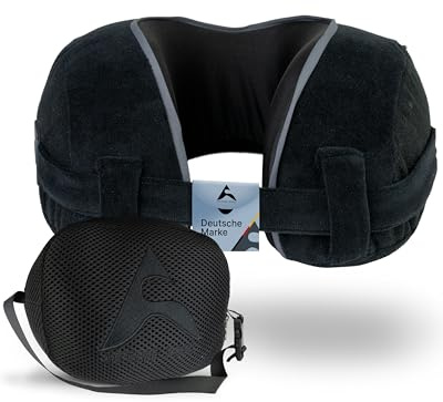 A ACTIVE SOUL - Nackenkissen - Flugzeug - Auto - Flexibler Klettverschluss - Memory Foam - bequemes Reisekissen mit Tasche - verstellbares Nackenhörnchen (Black)