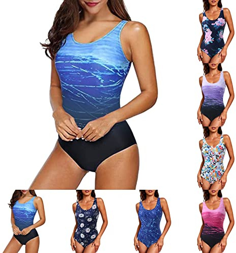 Women's Swimming Costume Tummy Control Swimming Suits Ladies Sports One-Piece Swimsuits Modest Swimwear Bathing Suit Sexy Printed One Piece Swimsuit Bikini Sky Blue