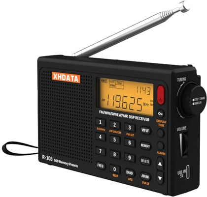 XHDATA R108 Portable Airband Shortwave Radio, FM/LW/MW/SW World Band DSP Digital Receiver with External Antenna, 500 Presets, Backlit LCD Display, AC or Rechargeable Battery, Black