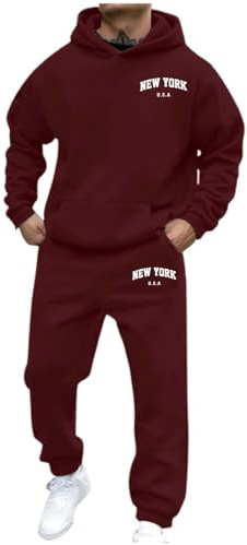 Generisk joggingdräkt herr set 2 delar träningsoverall sportdräkt bomull säckig bekväm tracksuit varm huvtröja och joggingbyxor fritidsoverall hemmadräkt streatwear gym träningskläder, vin, 5XL