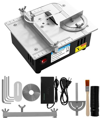 Sierra circular sobre mesa 96 W, mini sierra circular de mesa con cuchillas, ángulo ajustable, profundidad de corte de 14 mm, longitud de corte de 100 mm, fuente de alimentación de 7 velocidades