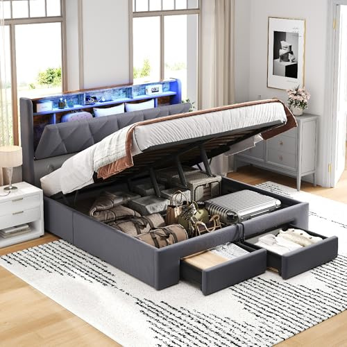 Mrwoo 4ft6 Double Ottoman Bed Frame, Velvet Upholstered Bed with Storage Drawers & Concealed Storage Headboard, Adjustable-LED Lights & Charging Station, Metal & Wood Support, Grey (No Mattress)