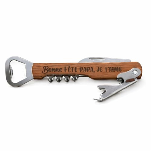 Tire-bouchon personnalisé bois et métal gravé – Ouvre-bouteille et décapsuleur multifonction 14x4x2 cm – Cadeau mariage, fête des pères, anniversaire