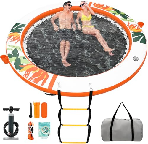 GYMMALL Plataforma Flotante Inflable 240 cm, Isla Flotante para Adultos, Colchoneta Hamaca Acuática con Red Central, con Escalera y Portavasos, para Piscina, Lago y Playa