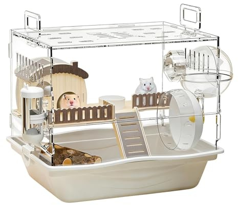 Cages pour Hamsters Maison Transparente À 2 Étages | Cage Souris avec Roue d'Exercice, Bouteille d'Eau, Bol à Nourriture Pour Souris, Chinchilla, Hérisson Et Autres Petits