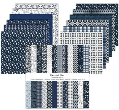 Scrapbook Papier, Boho and Blumenmuster Muster Papier, Dekorpapier (Blau) | 30,5 x 30,5 cm, 24 Blatt Motivpapier Set, Doppelseitiges Bastelpapier Muster für Journal, Fotoalbum und Scrapbook Dekoration