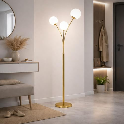 Partenopea Lampada da Terra Piantana Moderna Oro con 3 Sfere in PVC Attacco G9, Design Elegante per Salotto Camera da Letto Ufficio, Luce Diffusa Calda, Base Stabile in Metallo color ottone